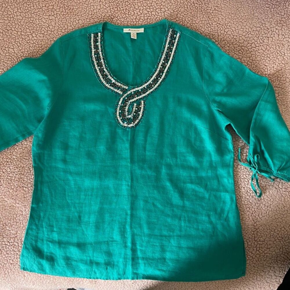 JM Collection Women's Medium Green Beaded Neck 3/4 Sleeve Tunic Top